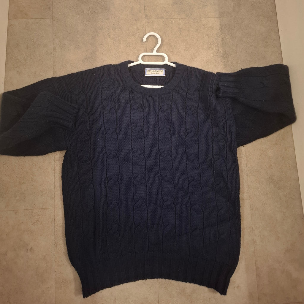 [VINTAGE 1990s] Yves Saint Laurent Cable-Knit Sweater – Blue (Size L)